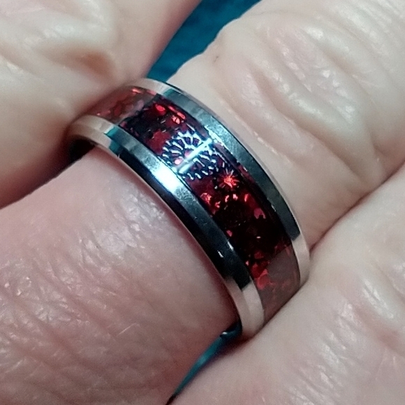 Silvertone red gear industrial band ring gothic - Picture 4 of 4